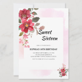 Rosa för Sweet sixteen av elegant röd Blommigt Inbjudningar