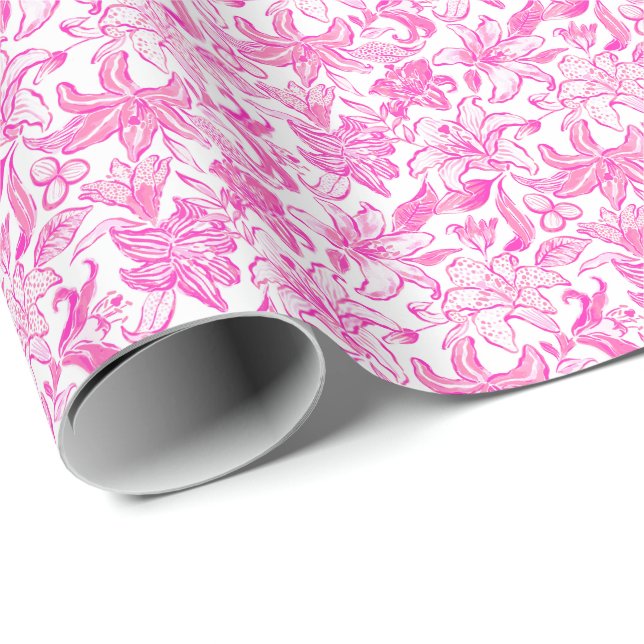 Rosa för utskrift och vitblommor i Preppy Handflat Presentpapper (Rullad Hörn)