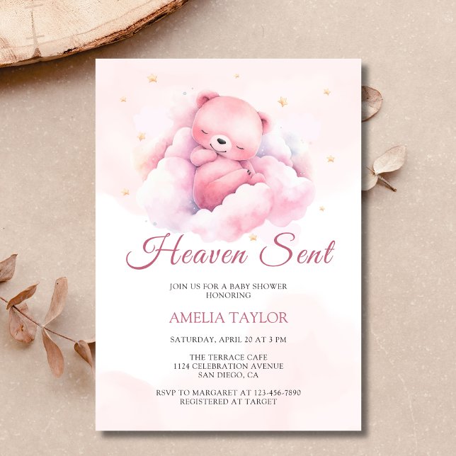 Rosa för vattenfärg Bear Heaven Sent Girl Baby Sho Inbjudningar (A "Heaven Sent" girl's baby shower invitation featuring a pink bear on a cloud)