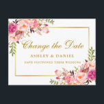 Rosa för vattenfärg  Blommigt Guld Ändra datum Vykort<br><div class="desc">Modern Elegant Vatercolor Rosa  Blommigt Ändra postkortets datum Bröllop har rosa ros,  grönt och guld ram.</div>