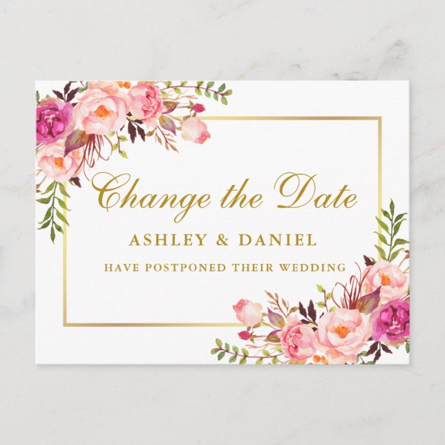 Rosa för vattenfärg  Blommigt Guld Ändra datum Vykort (Framsida)