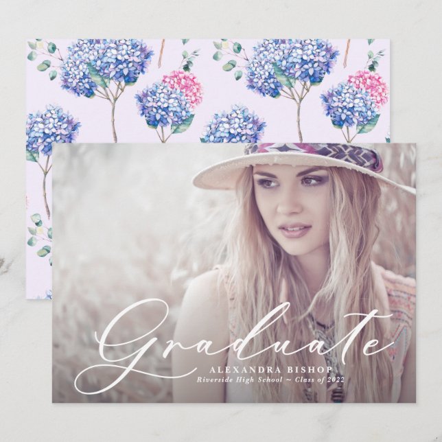 Rosa för vattenfärg och blå Hydrangeas Photo Stude Inbjudningar (Fram/baksida)