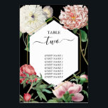 Rosa för vattenfärg Peonies Flowers Bröllop Black Bordsnummer<br><div class="desc">Ett vackert vattenfärgsmönster med rosa och vit blomma med bröllop med guld geometriskt ram på svart bakgrund. En unik utformning som användor vintagar botaniska blommigtar i rosa och vita färg-toner. En blommigt för rosa av elegant och vita kronor med ett grönt streck. En chic guld-geometrisk utformning av bordsnumret ram bröllop...</div>
