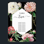 Rosa för vattenfärg Peonies Flowers Bröllop Black Bordsnummer<br><div class="desc">Ett vackert vattenfärgsmönster med rosa och vit blomma med bröllop med guld geometriskt ram på svart bakgrund. En unik utformning som användor vintagar botaniska blommigtar i rosa och vita färg-toner. En blommigt för rosa av elegant och vita kronor med ett grönt streck. En chic guld-geometrisk utformning av bordsnumret ram bröllop...</div>