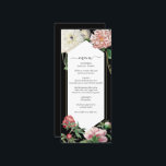 Rosa för vattenfärg Peonies Flowers Bröllop Black Meny<br><div class="desc">Ett vackert vattenfärgsmönster med rosa och vit blomma med bröllop med guld geometriskt ram på svart bakgrund. En unik utformning som användor vintagar botaniska blommigtar i rosa och vita färg-toner. En blommigt för rosa av elegant och vita kronor med ett grönt streck. En chic-guld-geometrisk menykortsdesign för ram bröllop med modernt...</div>