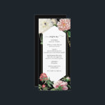 Rosa för vattenfärg Peonies Flowers Bröllop Black Meny<br><div class="desc">Ett vackert vattenfärgsmönster med rosa och vit blomma med bröllop med guld geometriskt ram på svart bakgrund. En unik utformning som användor vintagar botaniska blommigtar i rosa och vita färg-toner. En blommigt för rosa av elegant och vita kronor med ett grönt streck. En chic-guld-geometrisk menykortsdesign för ram bröllop med modernt...</div>