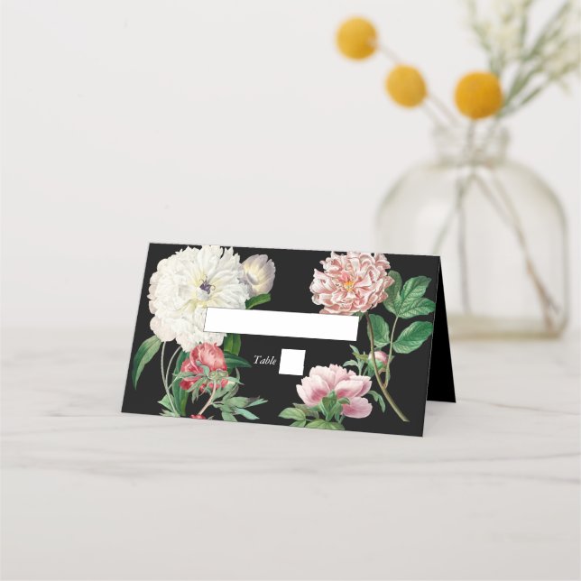 Rosa för vattenfärg Peonies Flowers Bröllop Black Placeringskort (Framsida)