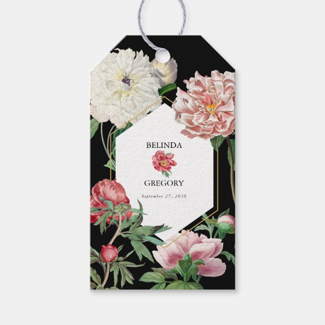 Rosa för vattenfärg Peonies Flowers Bröllop Black Presentetikett (Framsidan)