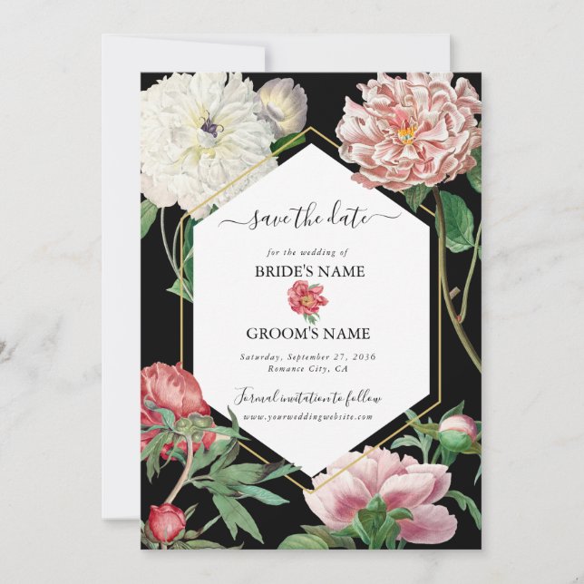 Rosa för vattenfärg Peonies Flowers Bröllop Black Spara Datumet (Framsida)