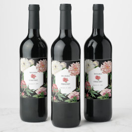 Rosa för vattenfärg Peonies Flowers Bröllop Black Vinflaska Etikett