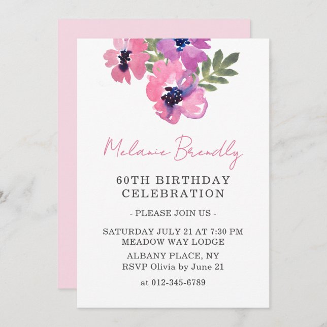 Rosa för vattenfärgen Blommigt 60:e Födelsedagsfes Inbjudningar (Fram/baksida)
