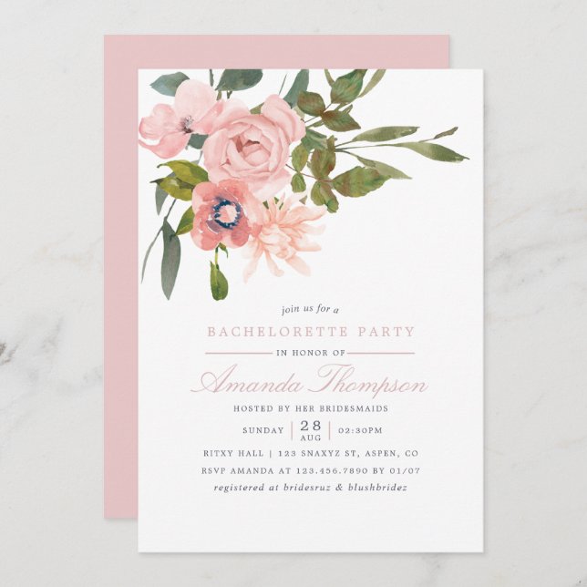  Rosa för vattenfärgspreparat Bachelorette Party b Inbjudningar (Fram/baksida)