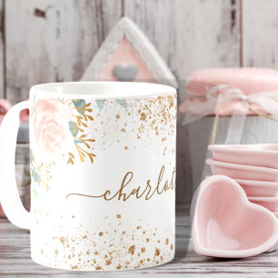 Rosa forals eucalyptus guld sparkles namn kaffemugg