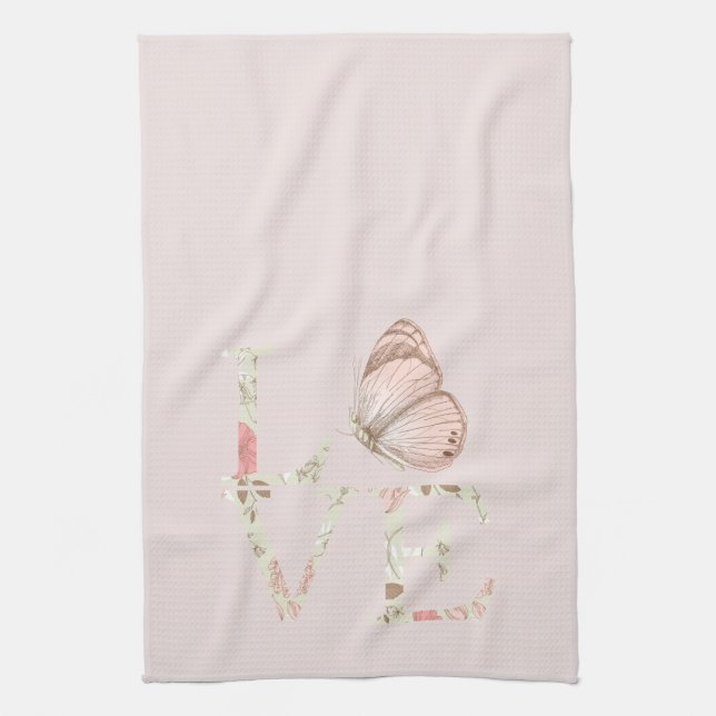 Rosa Förälskelse Fjäril Blommig Kökshandduk (Vertikal)