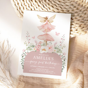 Rosa Forest Fairy Första födelsedag Party Inbjudningar