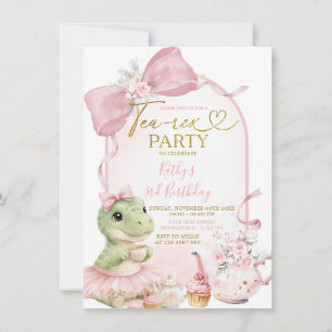Rosa förförisk dinosaurie Tea-Rex fest flicka föde Inbjudningar