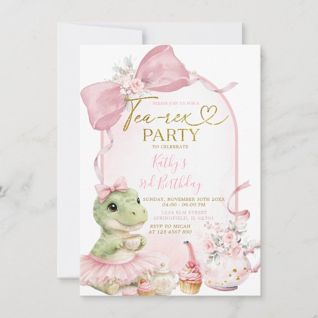 Rosa förförisk dinosaurie Tea-Rex fest flicka föde Inbjudningar (Framsida)