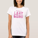 Rosa förra disco, modernt retro-bachelorette-parti t shirt<br><div class="desc">Den här återinspirerade "Last Disco"-tröjan från "Last Disco" är ett fantastiskt sätt att fira din bruds sista fling. Den här skjortan har en shock rosa-design och en lysande bild från Disco boll och ger en enkel och modern skjorta till klassiska discovibes. Anpassa med bridens namn för en speciell beröring i...</div>