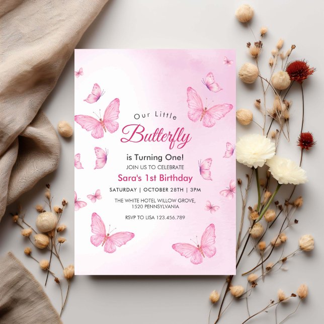 Rosa Första Ettårsfirande med Fjärilar Party Inbjudningar (Skapare uppladdad)