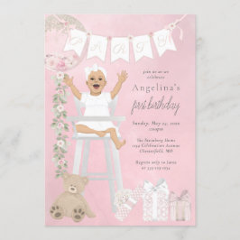 Rosa Första födelsedagen Flicka i Högstol Inbjudningar
