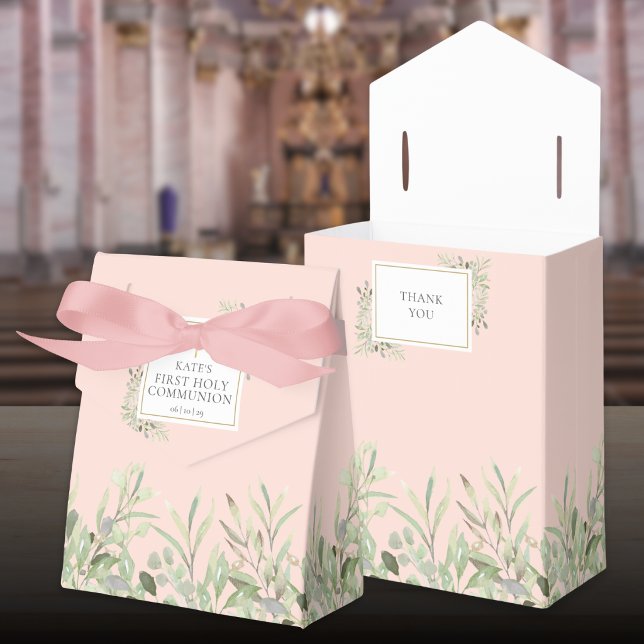 Rosa första heliga kommunion Elegant grönska Presentaskar (Pink First Holy Communion Elegant Greenery Favor Boxes)