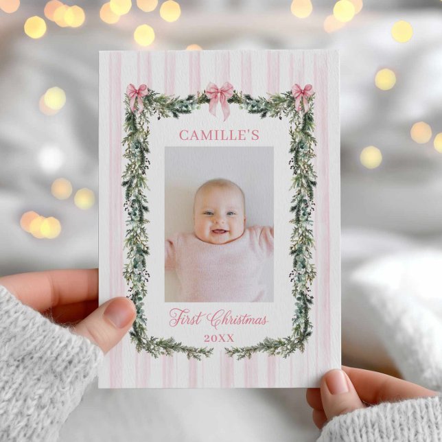 Rosa första julfotoportet Flicka Kort (Pink Bow Girl First Christmas Photo Card)