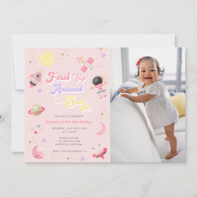 Rosa Första Resa runt Sol första födelsedag Inbjudningar (Framsida)