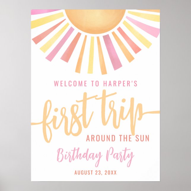 Rosa Första Resan Runt Solen 1-års Födelsedag Skyl Poster (Framsidan)