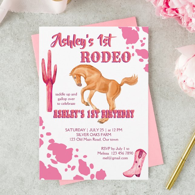 Rosa Första rodeo cowgirl födelsedagsfest template Inbjudningar (Skapare uppladdad)