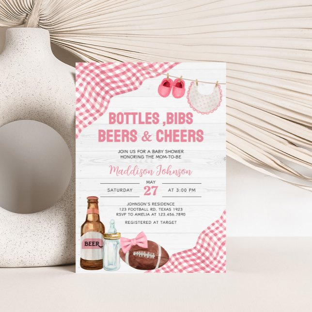 Rosa Fotboll Baby Shower Inbjudningar (Bottles, Bibs, Beers & Cheers Baby Shower Invitation)