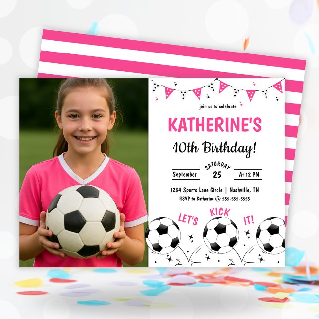 Rosa fotbollsfödelsedagsfest Foto Inbjudningar (Pink Soccer Photo Birthday Invitation)