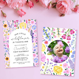 Rosa Foto av Little WildblommGirl First Birthday Inbjudningar