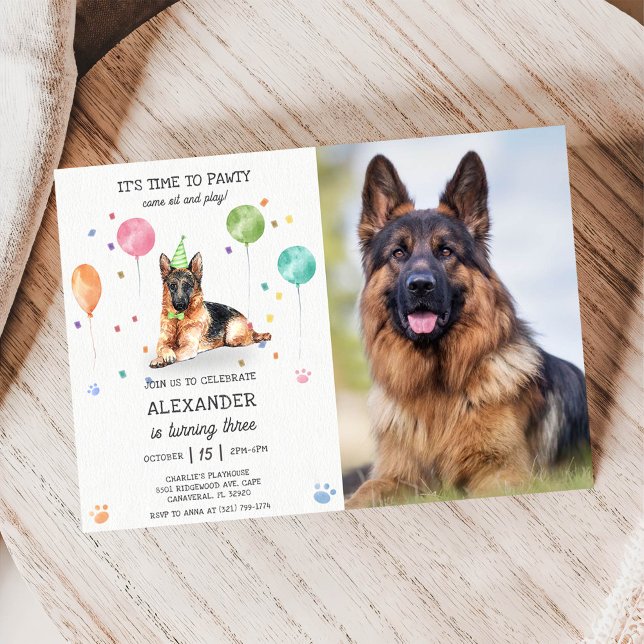 Rosa Foto av tyska Shepherd Pawty Puppy Birthday Inbjudningar (Skapare uppladdad)