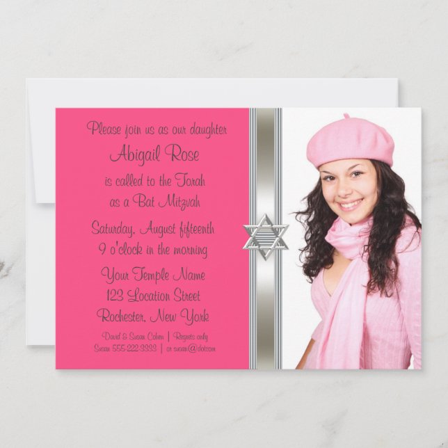 Rosa Foto Bat Mitzvah Inbjudningar (Framsida)