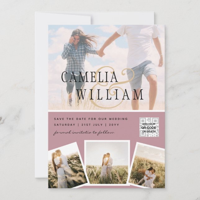 Rosa Foto Bröllopsinbjudan QR-kod Spara datum Inbjudningar (Framsida)