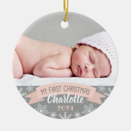  Rosa-foto, första jul, Flicka Julgransprydnad Keramik