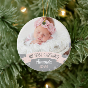 Rosa-foto, första jul, Flicka Julgransprydnad Keramik