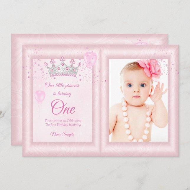 rosa Foto på flickornas första födelsedag Inbjudningar (Fram/baksida)
