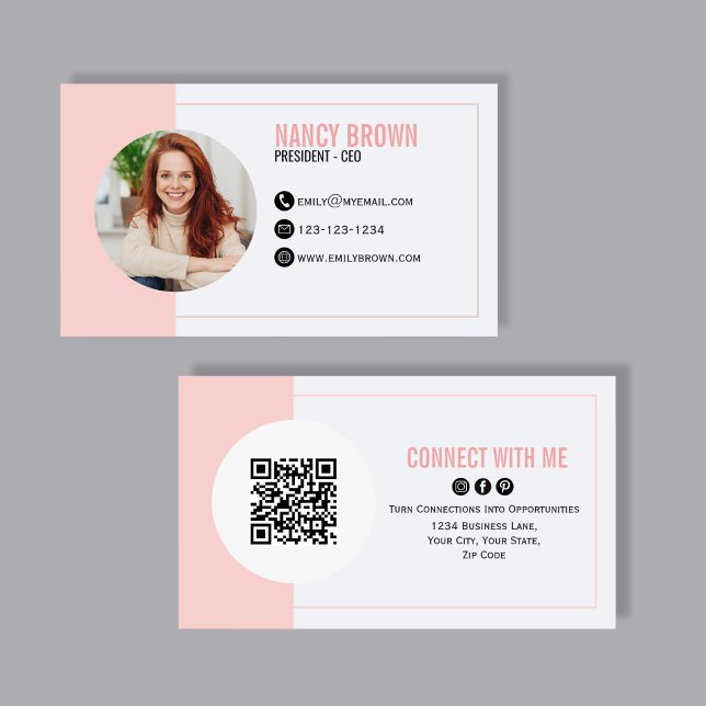 Rosa Foto QR-kod Komma i kontakt med mig Visitkort (Soft blush pink photo networking card with QR code back, clean minimalist layout, and elegant modern)