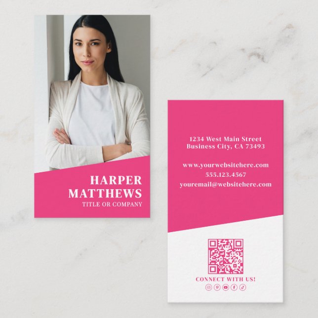 Rosa Foto QR-kod Vertikal Visitkort (Fram/baksida)