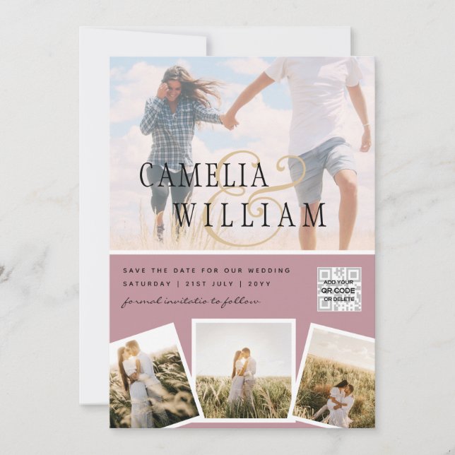 Rosa Fotobröllop - bjud in QR-kod Spara datum Inbjudningar (Framsida)