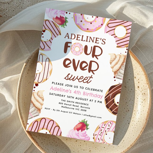 Rosa Fourever Sweet Donut 4e födelsedagen Party Inbjudningar (Girls Four Ever Sweet 4th Birthday Invitation Donut Birthday Invitation Pink Donut Sweets Themed)