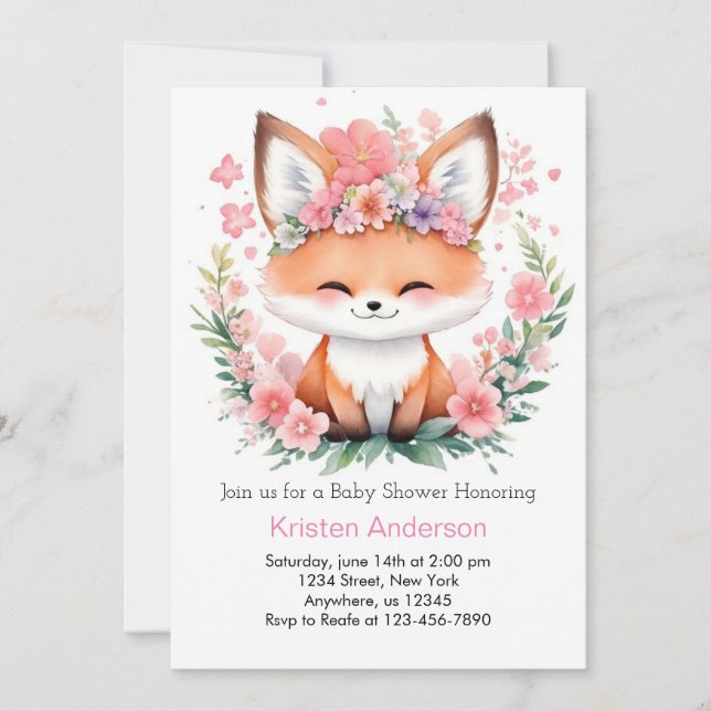 Rosa Fox Meadow Blissful Boho Girl Baby Shower Inbjudningar (Framsida)
