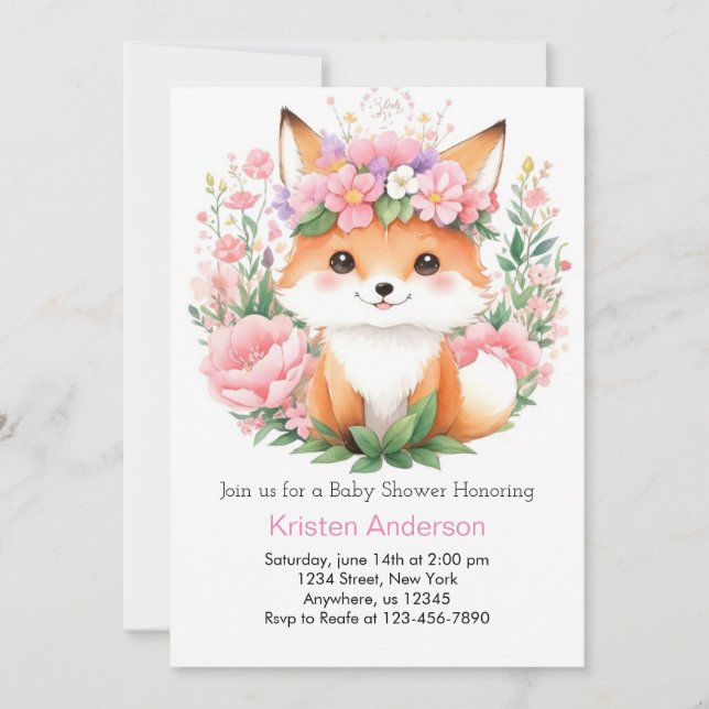 Rosa Fox Whimsical Meadow Forest Girl Baby Shower Inbjudningar (Framsida)