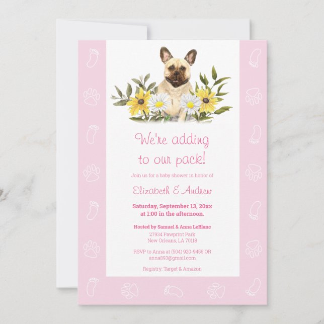 Rosa Fransk Bulldog Hund Baby Shower-inbjudan Inbjudningar (Framsida)