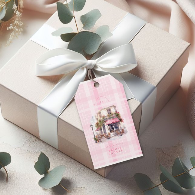 Rosa Fransk Kafé Bröllopsdusch Presentetikett (Skapare uppladdad)