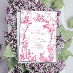 Rosa Fransk Land Farm Animal Girl Baby Shower Inbjudningar