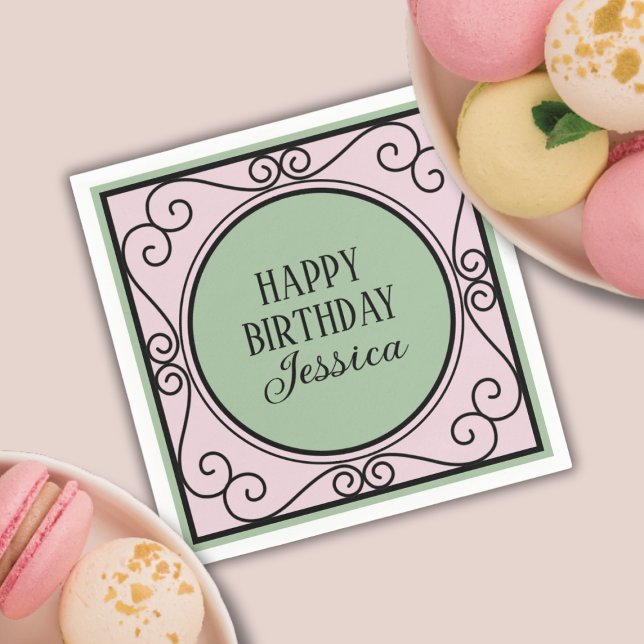 Rosa Fransk Paristematflicka Birthday Pappersserve Pappersservett (Parisian theme Birthday paper napkin)