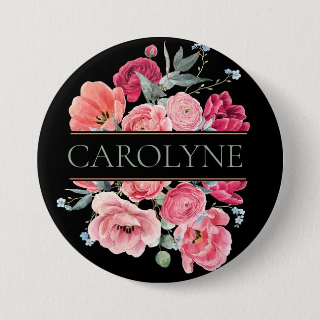 Rosa Fransk Peonies Blommigt Monogram Knapp (Framsida)