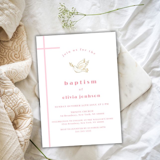 Rosa Fransk Simple Bird Christening Girl Baptism Inbjudningar (Pink French Simple Bird Christening Girl Baptism Invitation)